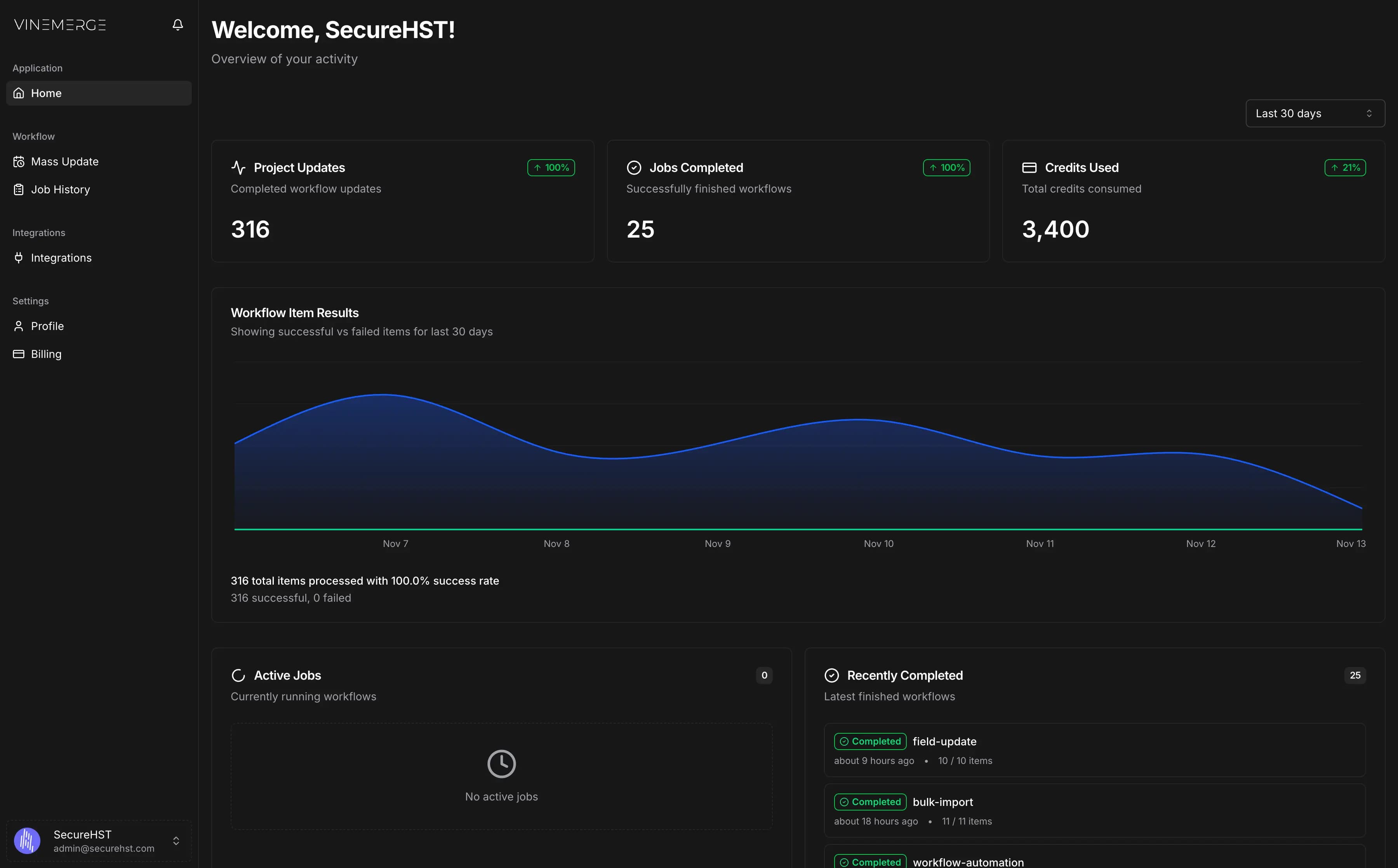VineMerge dashboard showing Filevine mass update workflow configuration