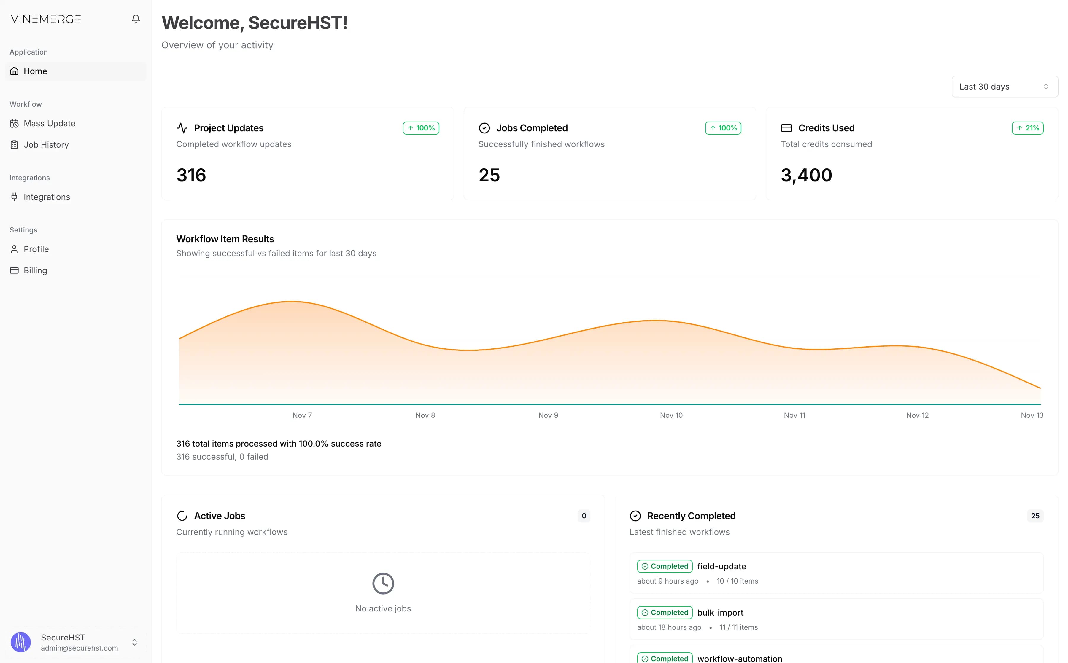 VineMerge dashboard showing Filevine mass update workflow configuration