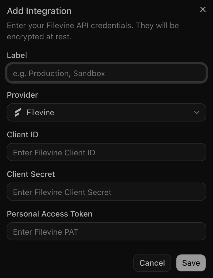 Add Credential dialog in VineMerge