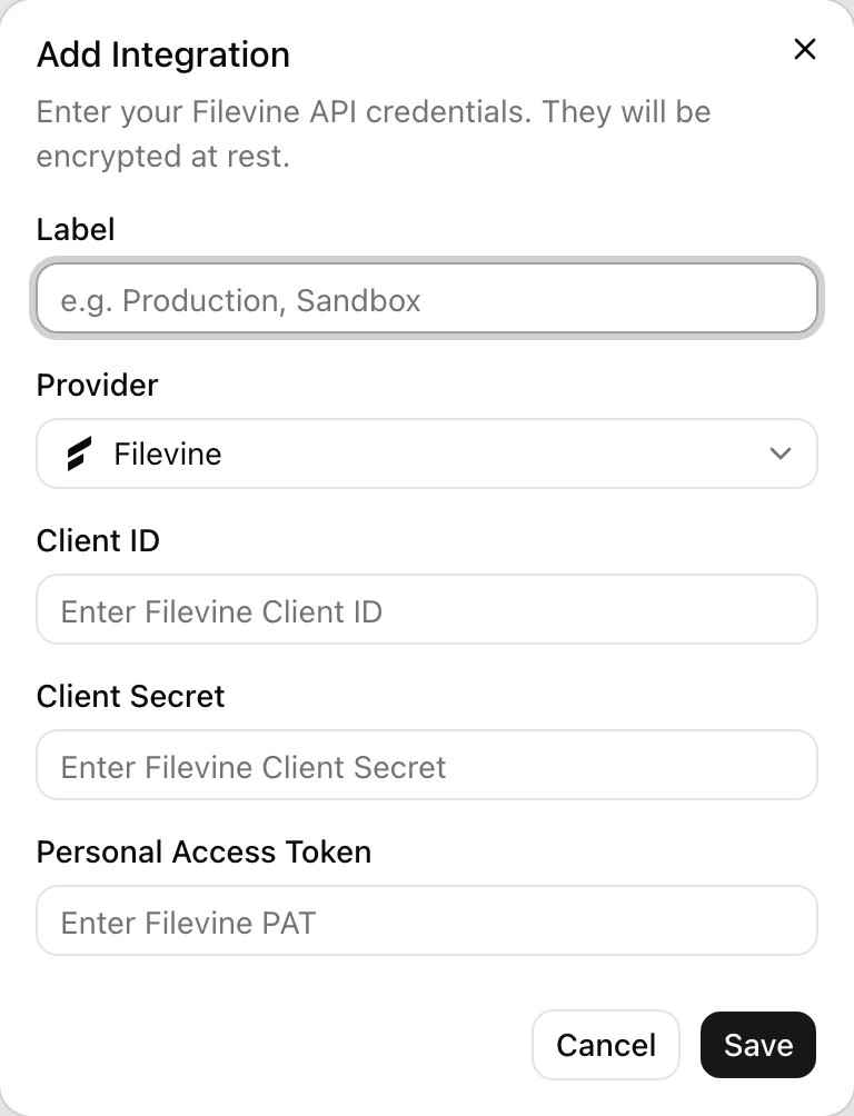 Add Credential dialog in VineMerge