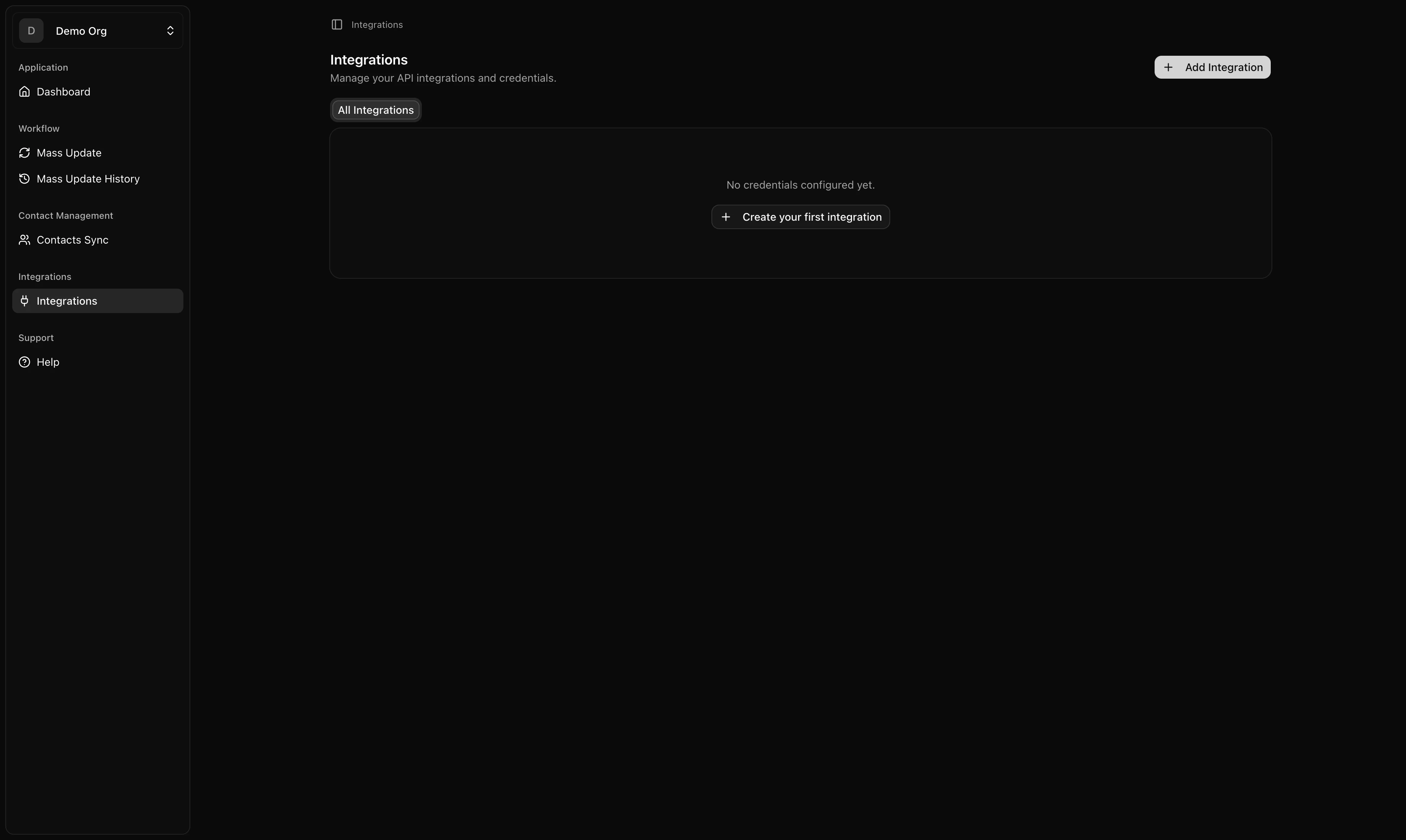Integrations page with no credentials yet