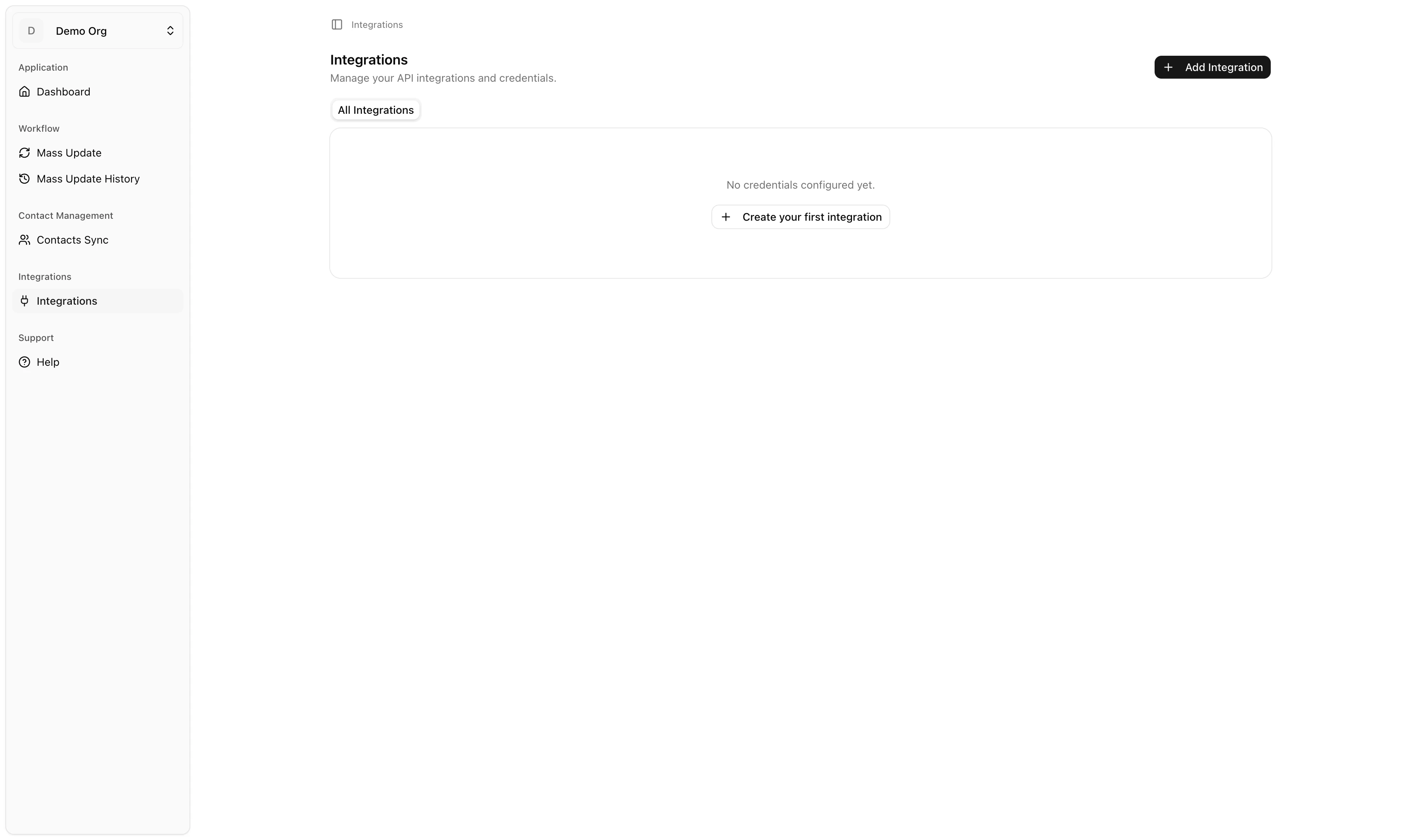 Integrations page with no credentials yet