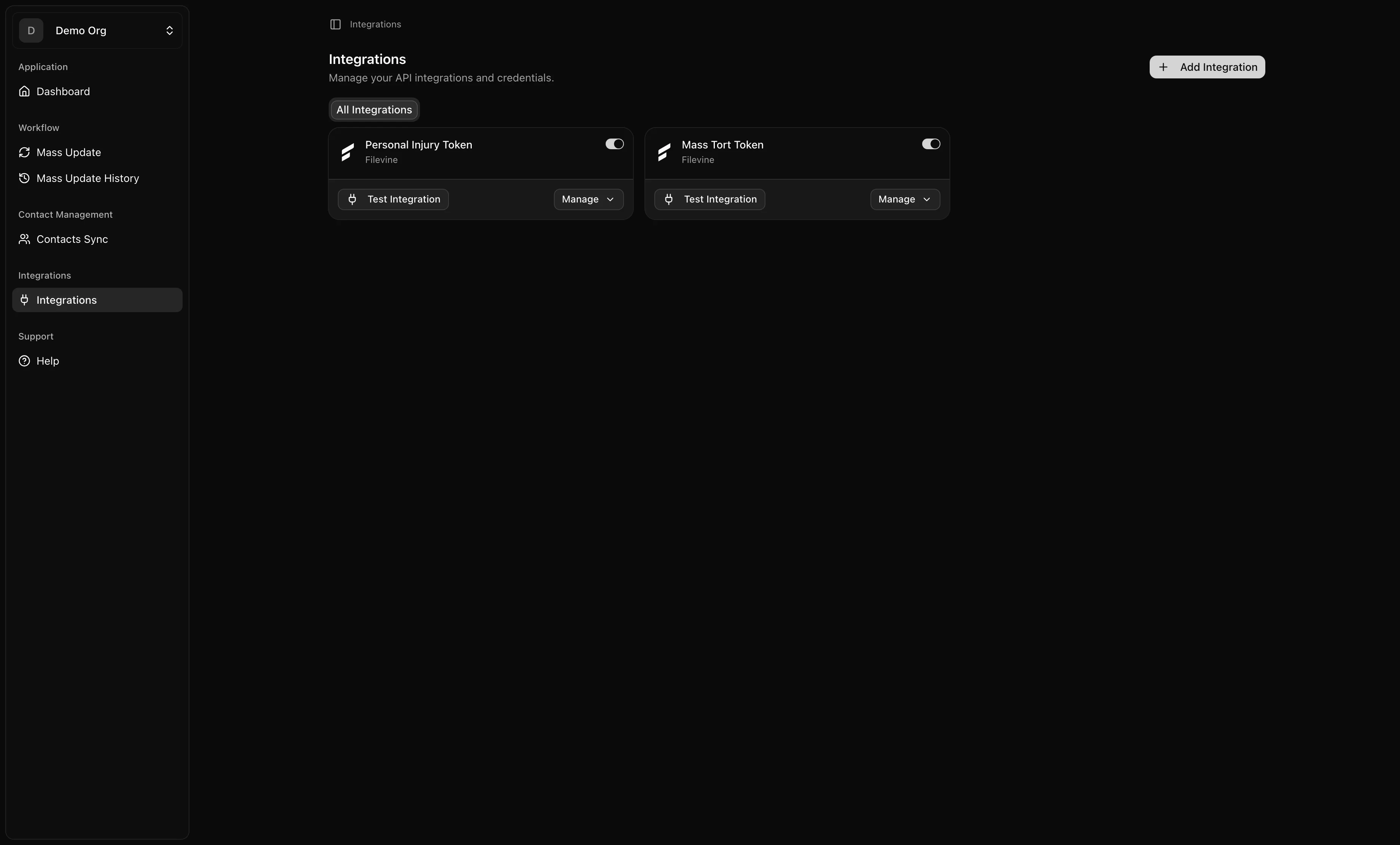 Integrations page listing existing credentials