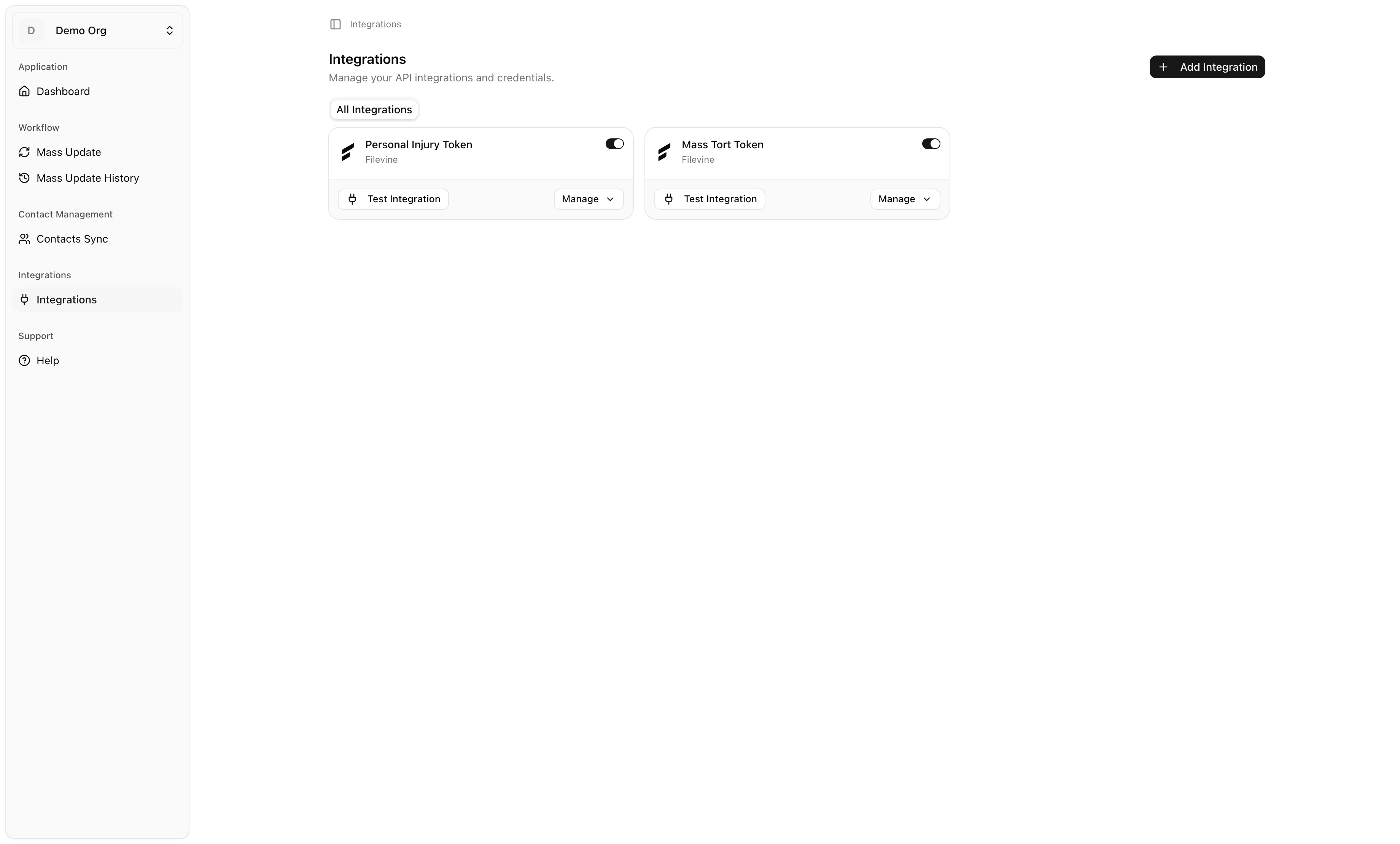 Integrations page listing existing credentials