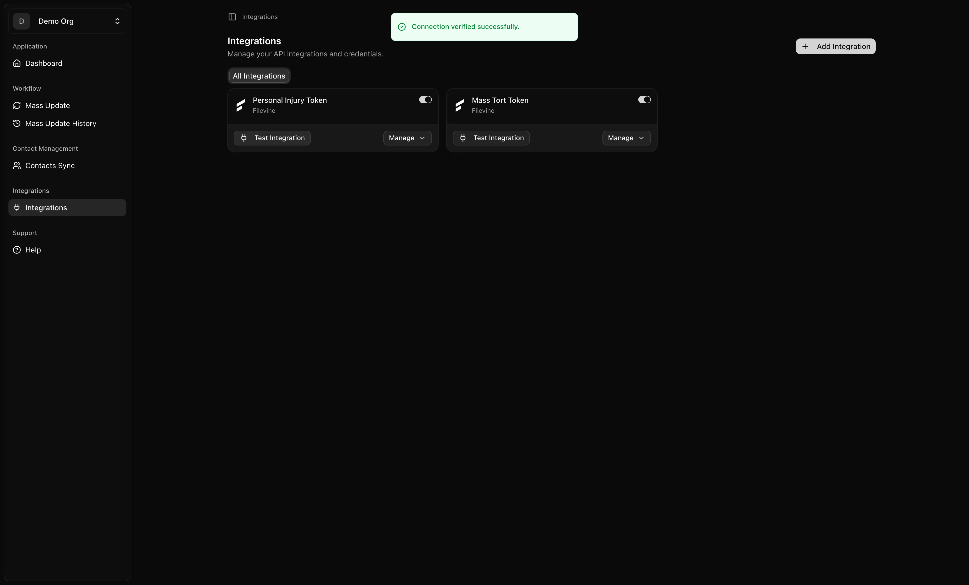 Connection verified successfully toast