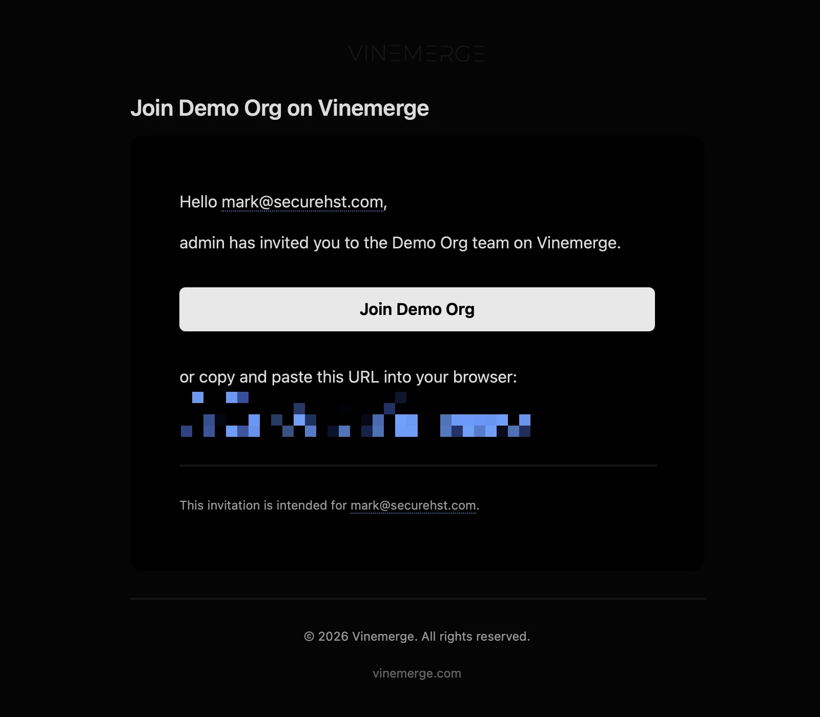 VineMerge invite email with Accept invite button