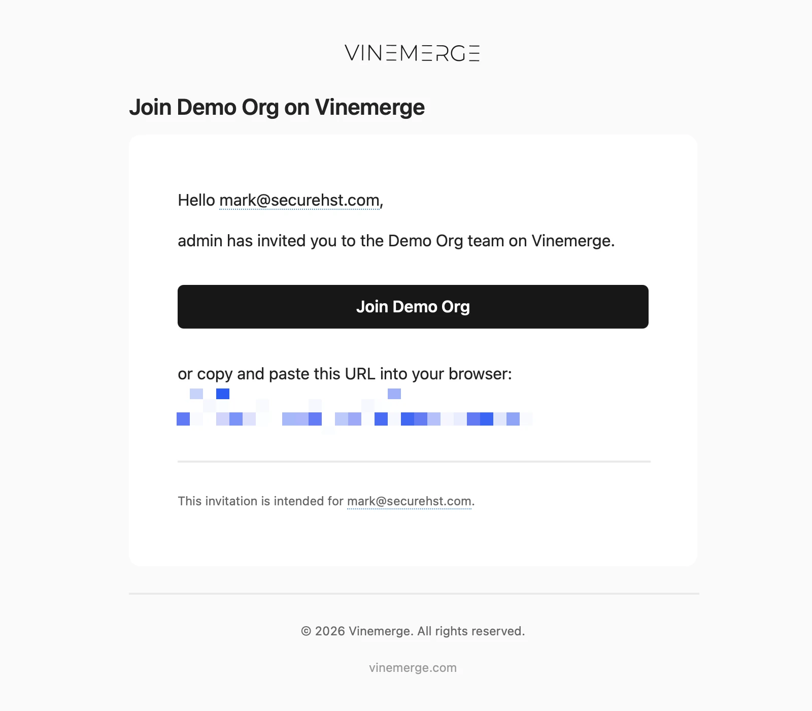 VineMerge invite email with Accept invite button