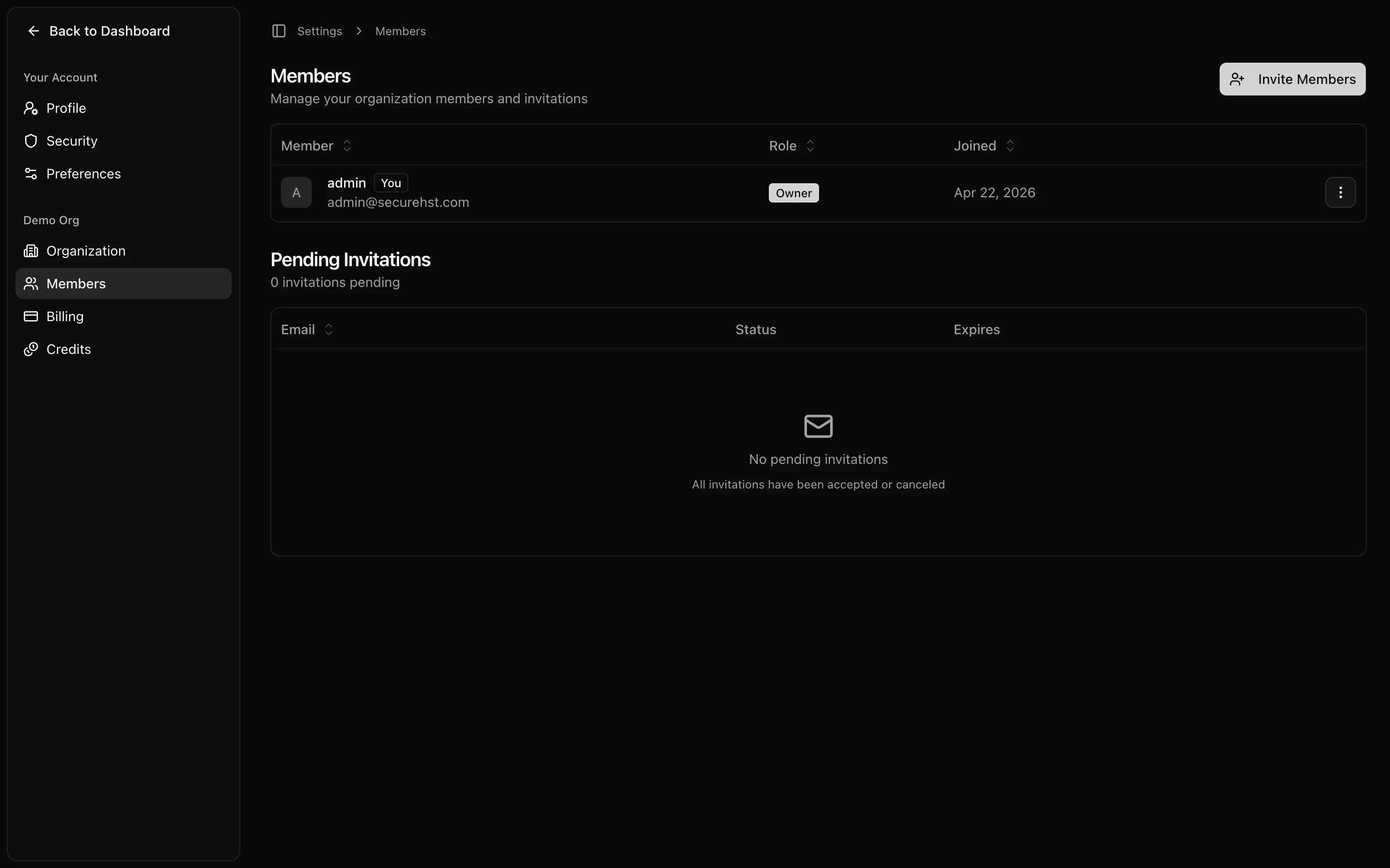 Members page with Invite member button