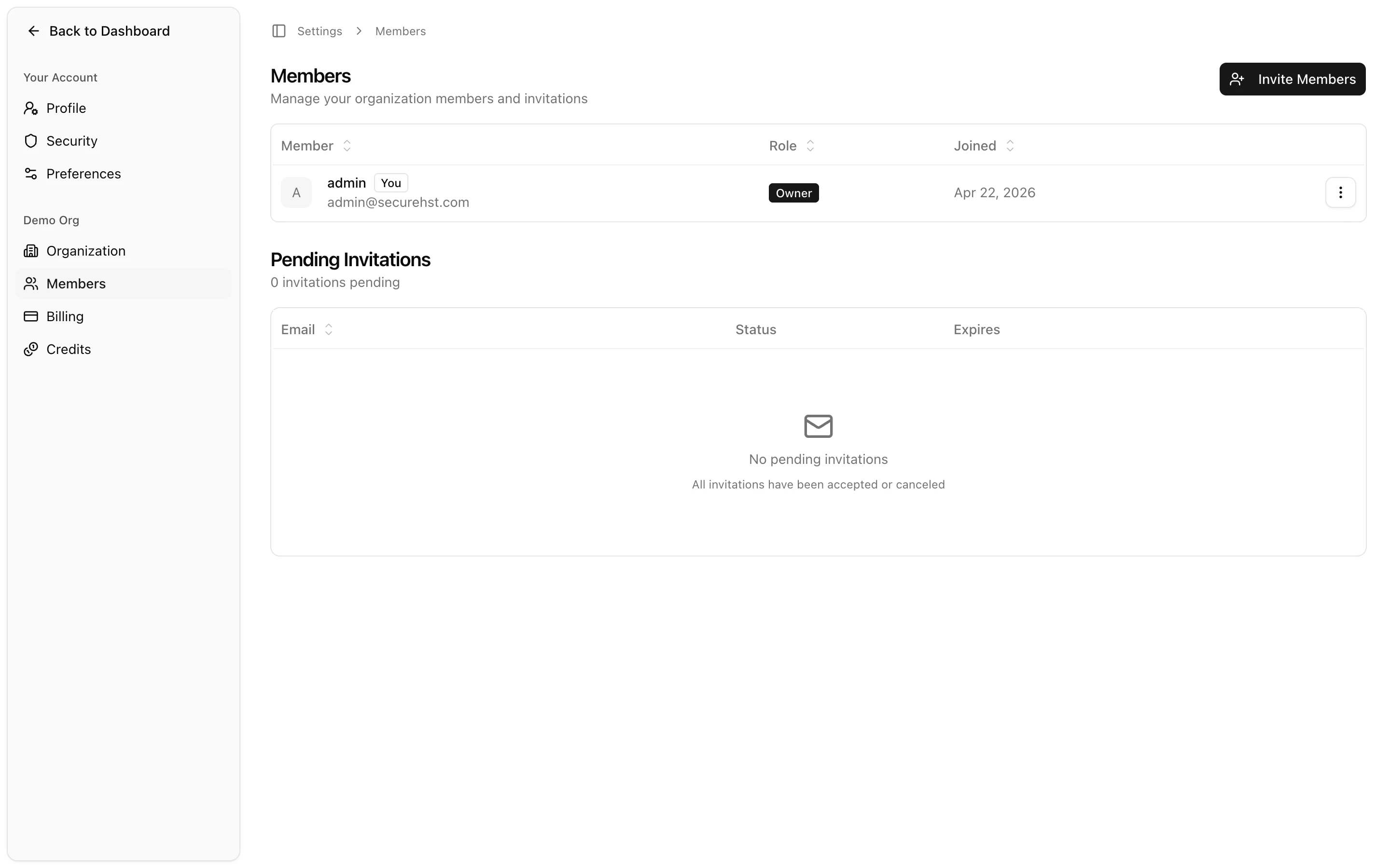 Members page with Invite member button
