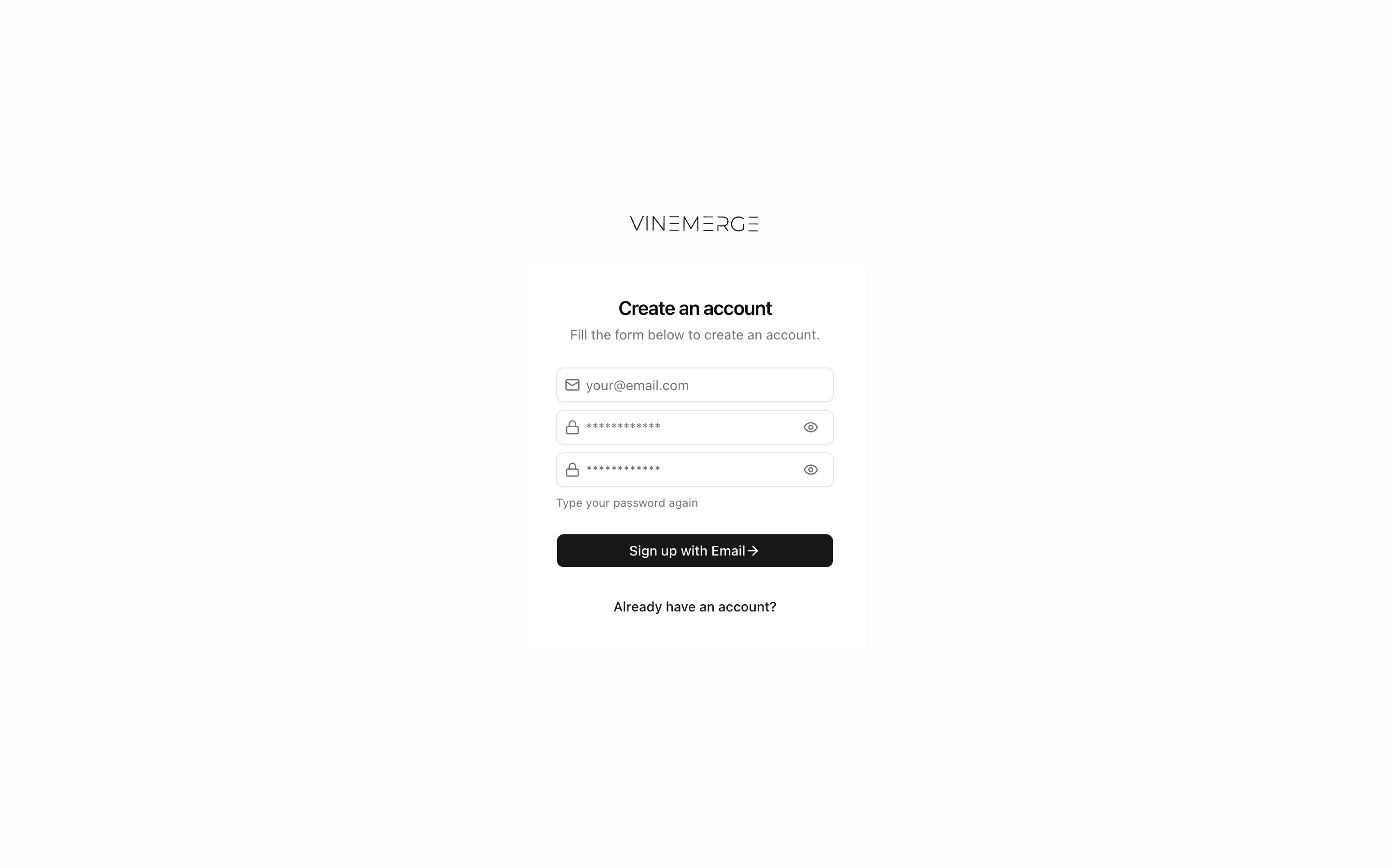 VineMerge sign-up form
