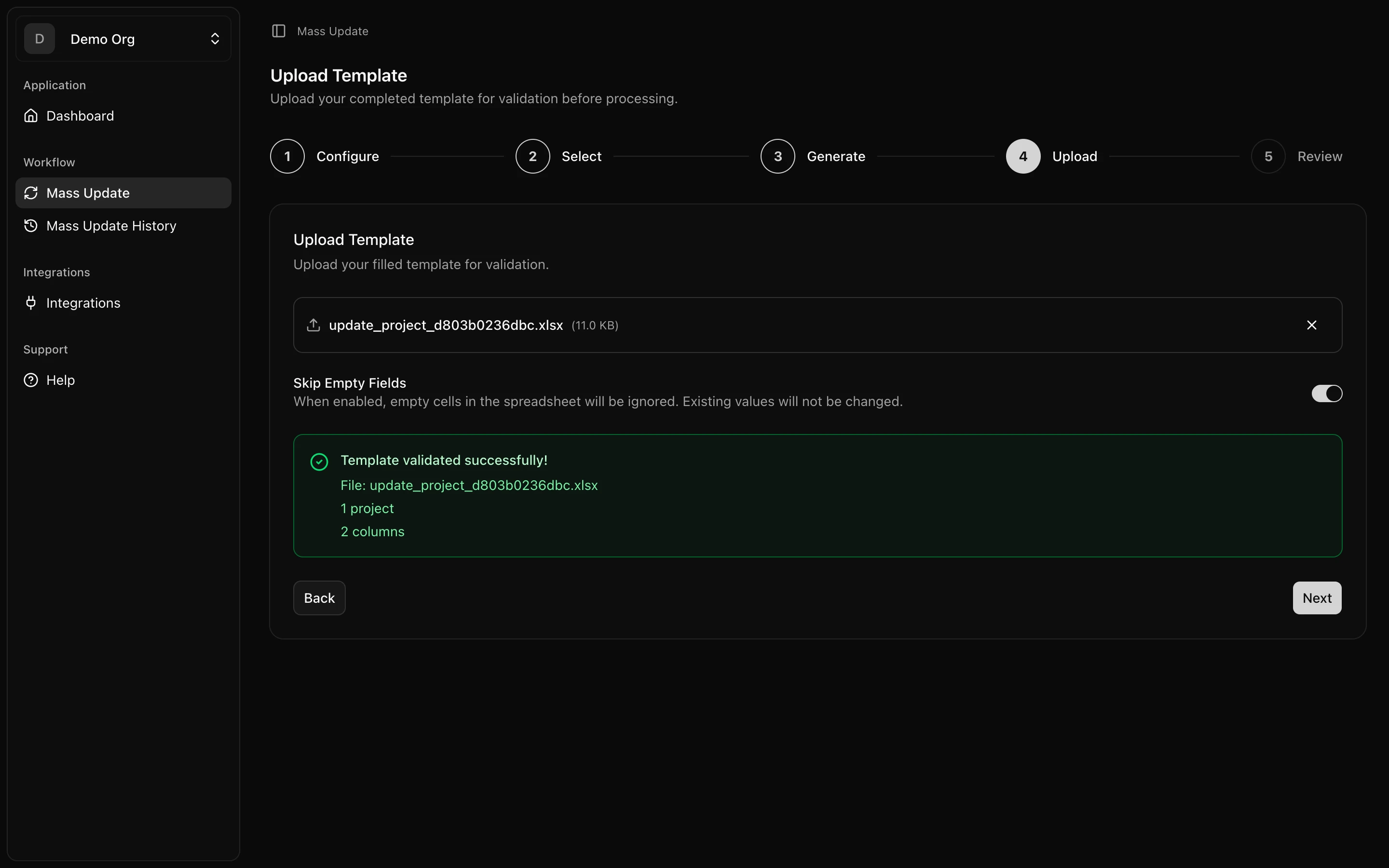 New bulk update upload screen