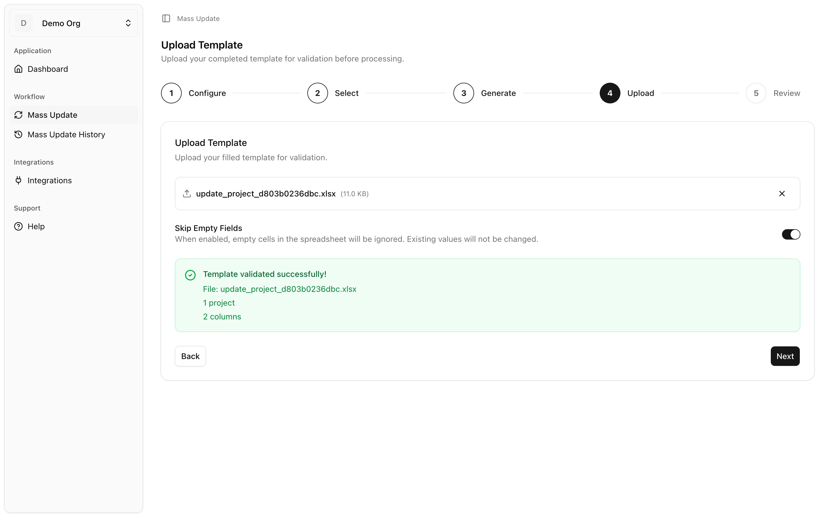 New bulk update upload screen